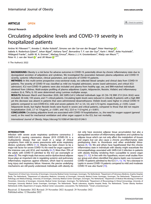 Delighted our #research on the relationship between circulating adipokines and COVID-19 hospitalization has now been published with <a href="/SpringerNature/">Springer Nature</a> <a href="/IntJObesity/">International J Obesity</a>-a fantastic collaborative effort between researchers <a href="/umcg/">UMCG</a>, <a href="/AmphiaZKHuis/">Amphia Ziekenhuis</a>, @MCLeeuwarden 
rdcu.be/c1qXA