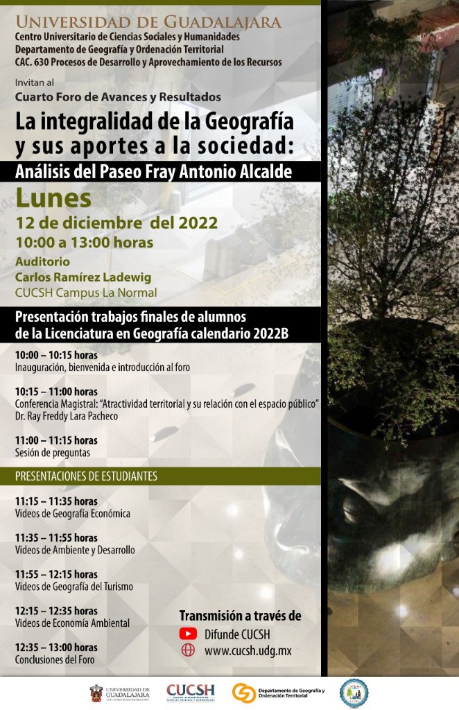 El día de hoy hablaré sobre la relación entre los #EspaciosPúblicos y la #AtractividadTerritorial en @DifundeCUCSH en el marco IV Foro de Avances y Resultados "La Integralidad de la Geografía y sus aportes a la sociedad" #PaseoFrayAntonioAlcalde #Guadalajara #UdeG