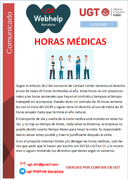 ugtsellbytelbcn's tweet photo. ¿CÓMO FUNCIONA LAS HORAS MÉDICAS?
#Ugtebhelp #WebhelpSpain #PeopleFirst #ActHuman https://t.co/Hfe1UZ4ypw