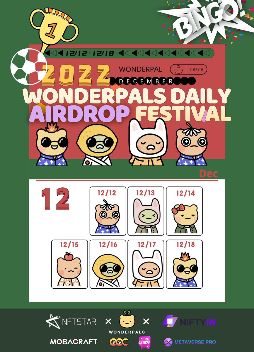 ☺️Who will be the World Cup champion? Look forward to it with us &amp; <a href="/NiftyIN_NFT/">NiftyIN</a> !
😎NFTSTAR World Cup Champion Road Campaign is underway！
🎁Part 1: #Wonderpals Daily Drop🎁
Giveaway one Wonderpals NFT a day, 7 in total

⏰Time:12.12-12.18