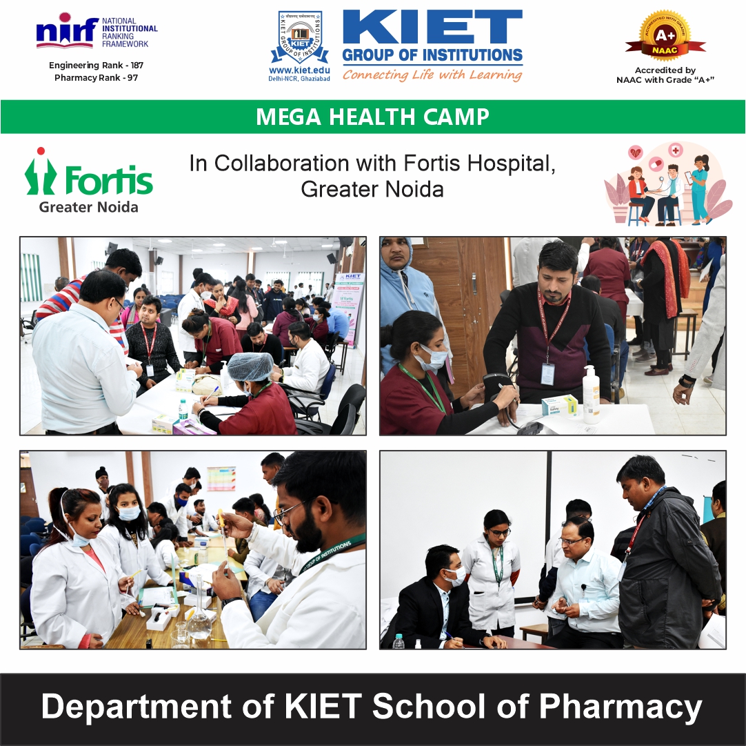 In collaboration with #Fortis_Hospital (Greater Noida), #KIET_School_of_Pharmacy organized a “#Mega_Health_Camp” on 10 December 2022.  

#KIETGroupofInstitutions #KIETGZB #AKTU #AICTE #KIETEngineeringCollege #HealthCamp2022 #TopEngineeringCollegeinDelhiNCR #KSOP