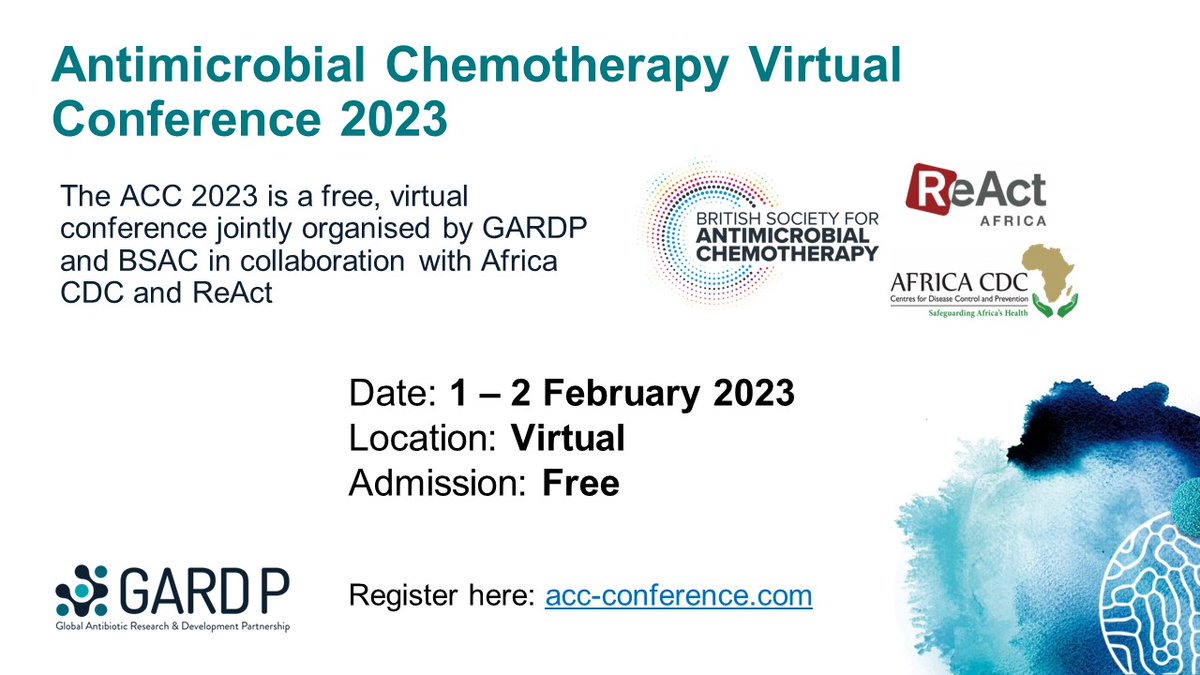 reactgroup's tweet photo. Join the ANTIMICROBIAL CHEMOTHERAPY CONFERENCE 1-2 Feb 2023! It's virtual! 

By @BSAC @gardp_amr 
In collaboration with @AfricaCDC @ReActAfrica_RAN

Find program for the days and register! (free of charge) ➡️ https://t.co/xlk5xn4Ehy https://t.co/u9FuUuUyoU