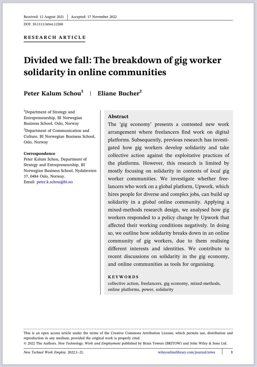 Can gig workers create solidarity and take collective action in a #global #online community?

In their new paper in <a href="/NTWEjournal/">NewTechnologyWork&Employment</a>, <a href="/PeterKalum/">Peter Kalum Schou</a> and <a href="/eli_bucher_/">Eliane Bucher</a> contribute to recent discussions on solidarity in the #gigeconomy, see the full paper: onlinelibrary.wiley.com/doi/full/10.11…