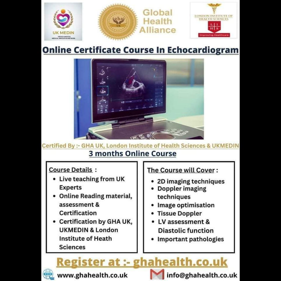 GhaHealth's tweet photo. Online Certificate Course in Echocardiogram (3 months)
• Register at :- https://t.co/RSXcsgGmPq
• Email :- info@ghahealth.co.uk
#ESC2022 #BSH2022 #Cardiotwitter #medtwitter #echofirst #HeartEcho #ESC #AHA #CriticalCare #CardiologyTrainee #Echo https://t.co/1V8wpsvbG1