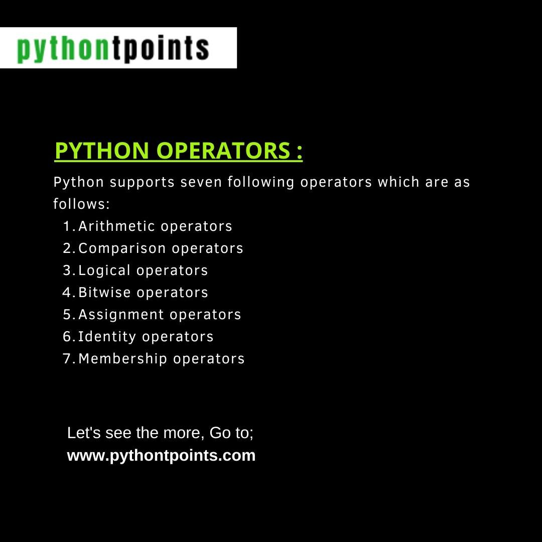 pythontpoint's tweet photo. Learn about python operators with https://t.co/XOEKuWRlSA
#learning #learnfree #educatewithus #learnpythonfree #pythontpoints #SoftwareCourses #eduactionalpost #education #educational #educationforall #freetutorial #LearnPowerBI #Learn #learnjava #learnpython #LearnWithUs https://t.co/02VLmbOvJn