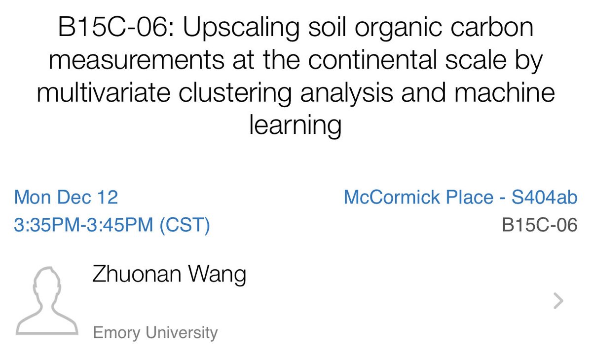 ⁦Lab member ⁦⁦<a href="/ZhuonanWang/">Zhuonan Wang</a>⁩ is presenting this afternoon (3:35-3:45 pm, McCormick Pl S404ab). Come check this out if you are interested in upscaling soil organic carbon measurements at the continental scale using multivariate clustering analysis &amp; ML. #AGU22