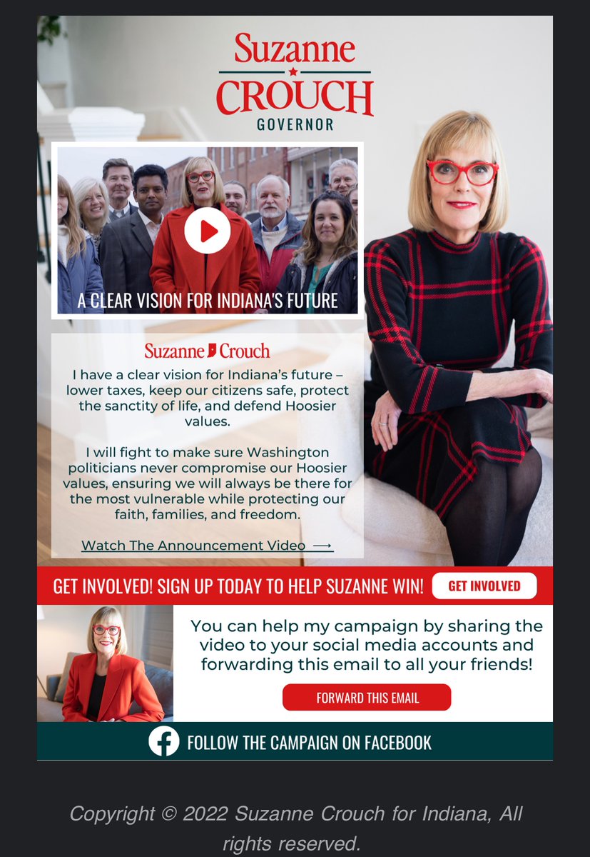 AngelaHaysMoore's tweet image. Indiana's Lt Governor Suzanne Crouch has announced her Gubernatorial campaign. [Raise your hand if you're surprised by this.] 

It's a #HardPass for me.

Next!!!!!! 

#INGOP @indgop @gop @RSLC