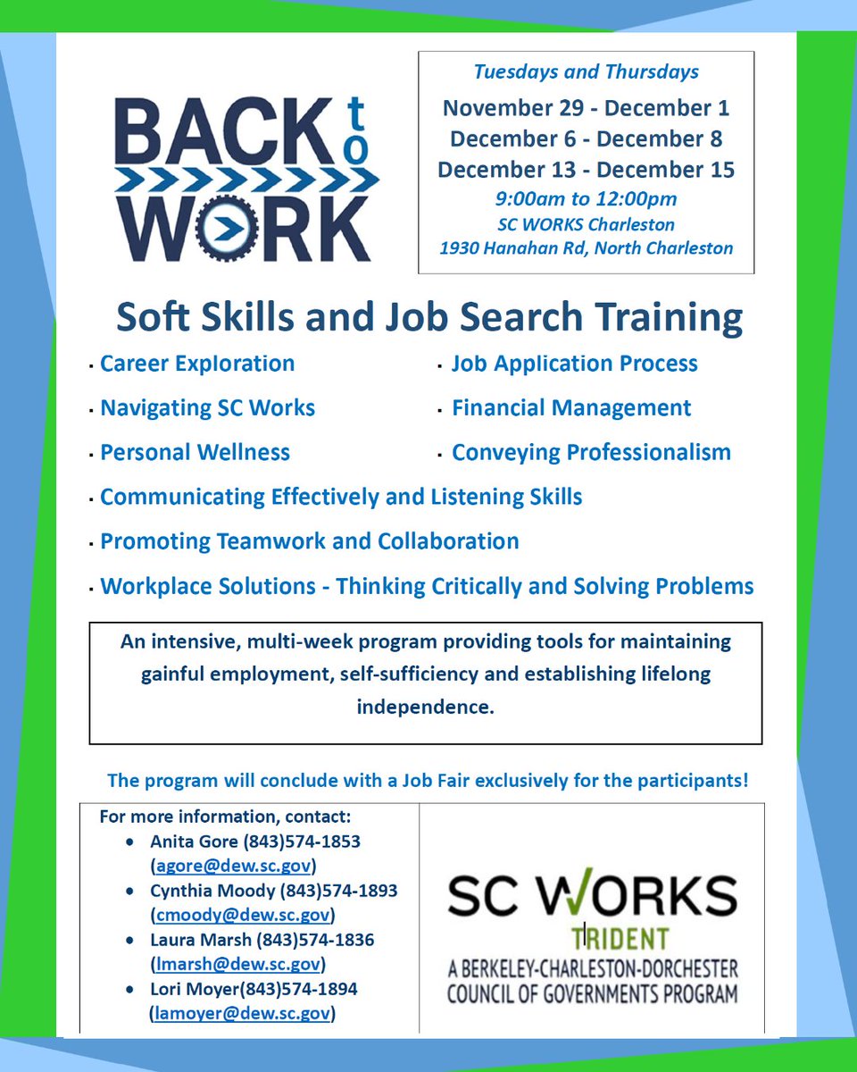 SC Works (@scworksinfo) on Twitter photo SC Works Trident is holding Soft Skills and Job Search Training! This is a multiweek program providing tools for maintaining employment, self-sufficiency and lifelong independence. For more info contact agore@dew.sc.gov, cmoody@dew.sc.gov, lmarsh@dew.sc.gov, or lamoyer@dew.sc.gov SC Works Trident is holding Soft Skills and Job Search Training! This is a multiweek program providing tools for maintaining employment, self-sufficiency and lifelong independence. For more info contact agore@dew.sc.gov, cmoody@dew.sc.gov, lmarsh@dew.sc.gov, or lamoyer@dew.sc.gov