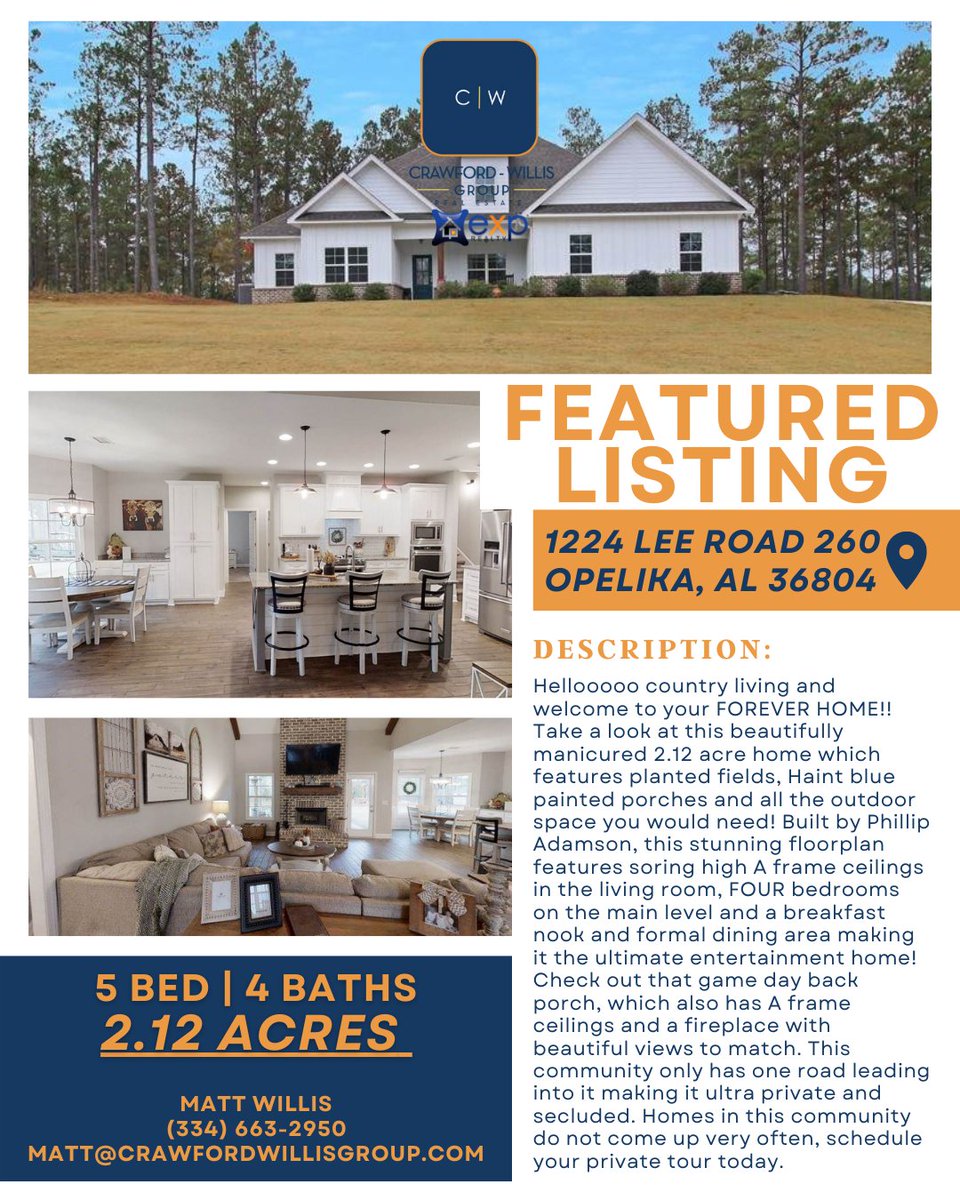 CW_Group_'s tweet photo. 🚨 FEATURED LISTING 🚨

If you’ve been thinking about making the move to the Opelika area, this one is for you!

🏠 Crawford Willis Group
📱 (334) 663-2950

#CWGroup #eXpRealty #eXpRealtyAuburnOpelika https://t.co/QAh0mMXtvK
