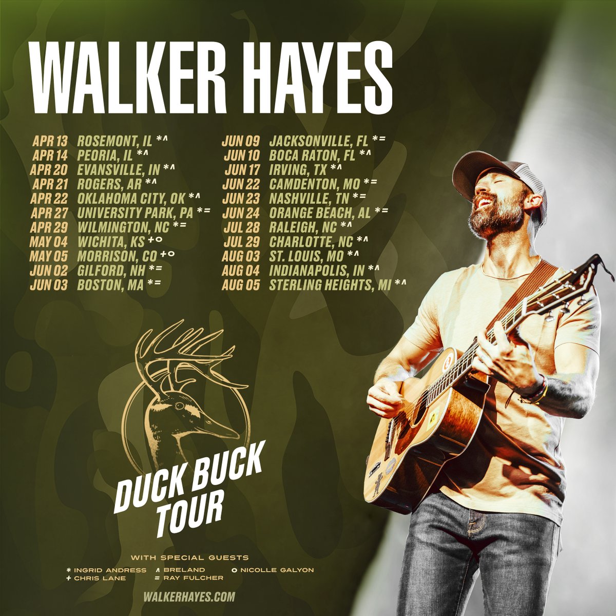 walkerhayes's tweet photo. 🦆 + 🦌 The duck buck tour...Grateful to do it with these talented artists @IngridAndress, @breland, @callme_raymond, #NicolleGalyon &amp; @iamchrislane..text me at 615-808-8426 for presale code that can be used starting tomorrow at 10a local! https://t.co/dnV4WULb3l