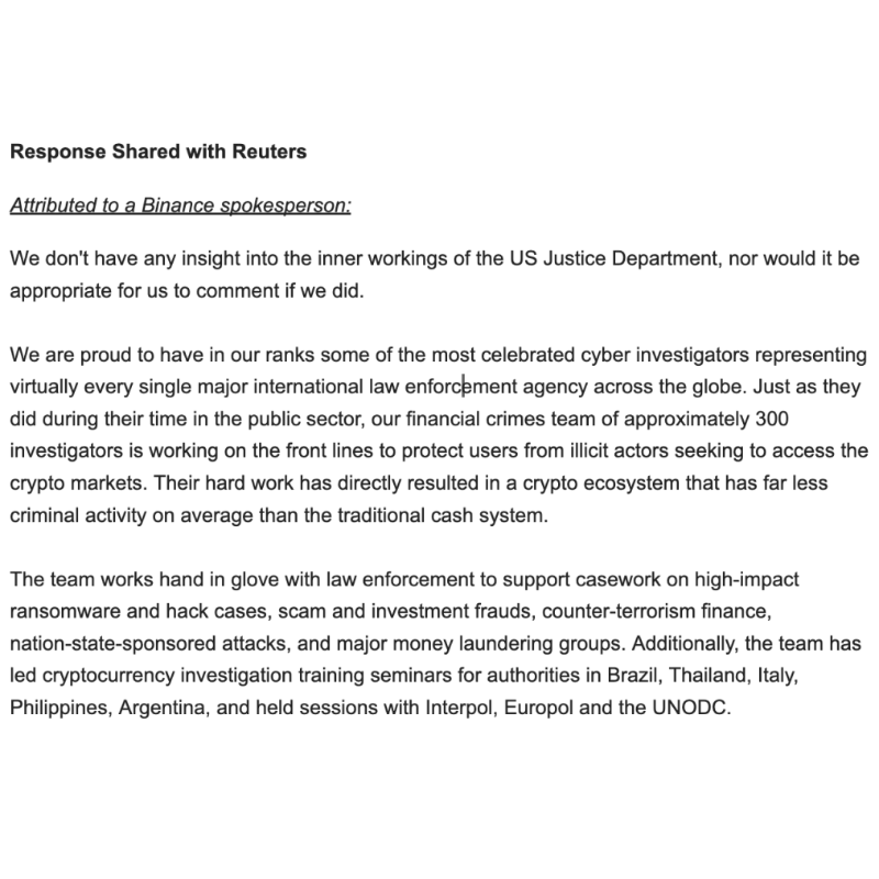 binance's tweet photo. Reuters has it wrong again. 

Now they're attacking our incredible law enforcement team. A team that we're incredibly proud of - they've made crypto more secure for all of us. 

Here’s the full statement we sent the reporter and a blog about our remarkable law enforcement team.
