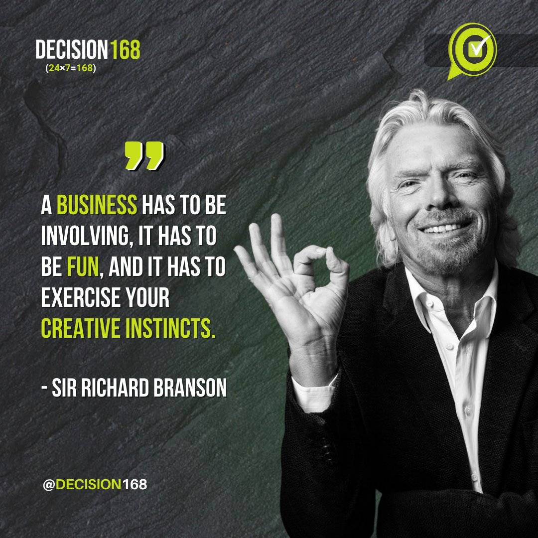 If an idea doesn't generate enthusiasm from you, your team, & your clients, is it really worth pursuing?

'A business has to be involving, it has to be fun, and it has to exercise your creative instincts.' - Richard Branson

#decision168 #virgingroup #neckerisland #livecreatively