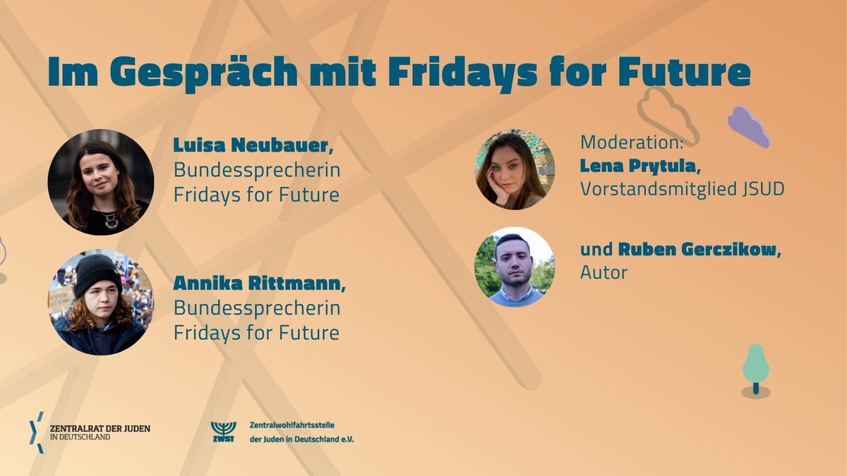Eines der Highlights des kommenden Jugendkongresses in Kooperation mit dem <a href="/ZentralratJuden/">Zentralrat der Juden in Deutschland</a>: "Im Gespräch mit #fridaysforfuture" 
Die Bundessprecherinnen <a href="/Luisamneubauer/">Luisa Neubauer</a> und <a href="/AnnikaRittmann/">Annika Rittmann</a> von #fridaysforfuture gehen in den Austausch mit <a href="/LenaPrytula/">Lena</a> und <a href="/RubenGerczi/">Ruben Gerczikow</a>.