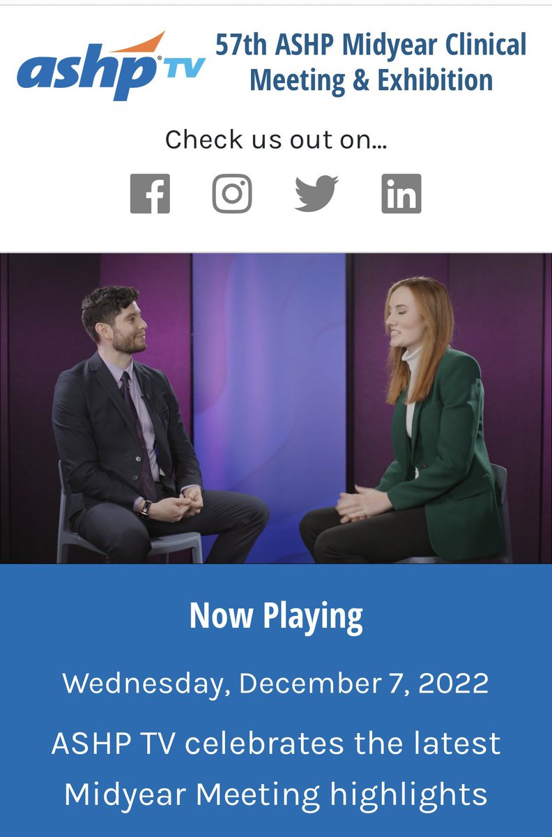 Our very own Pharmacotherapy resident made it on ASHP TV! <a href="/Campillote/">William Campillo T.</a> #TwitteRx <a href="/HFHPharmRes/">Henry Ford Hospital Pharmacy Residency</a> #ASHP2022