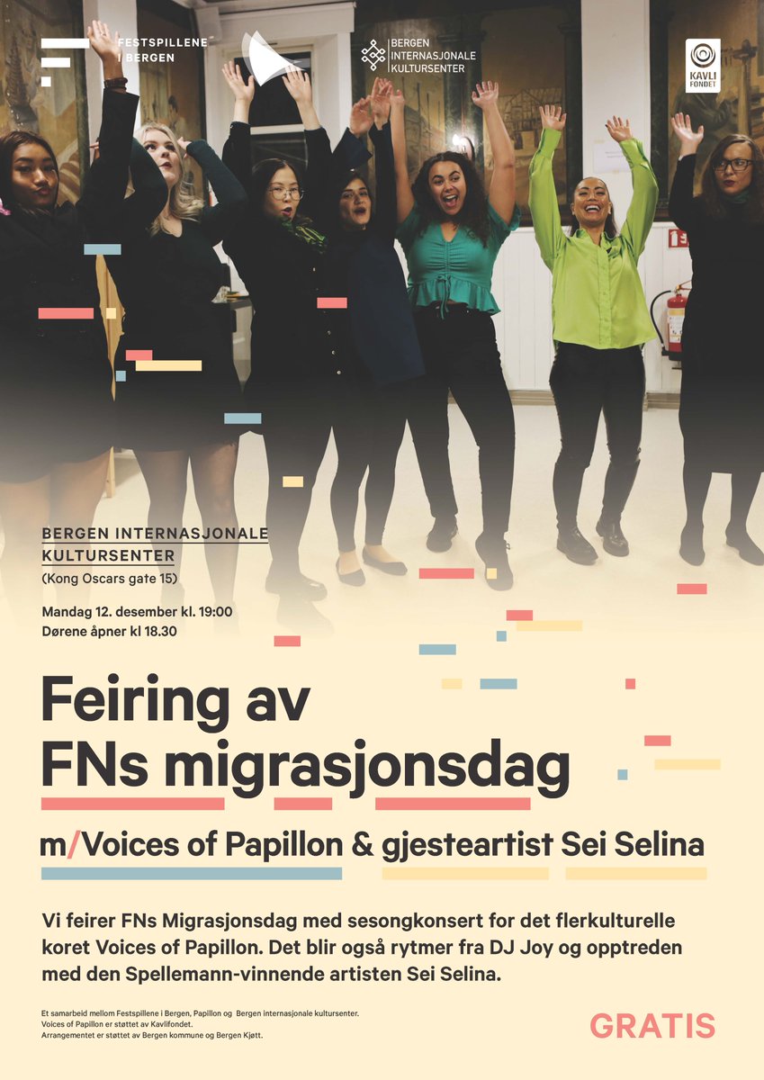 ✨Mandag 12. desember blir det feiring av Migrasjonsdagen m/Voices of Papillon og gjesteartist Sei Selina på Bergen Internasjonale Kultursenter✨ Arrangementet er gratis, og det blir lett servering.