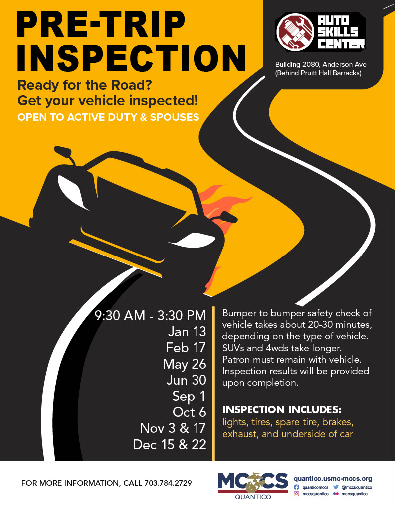 Are you PCSing or taking a road trip this year? Auto Skills Center offers FREE pre-trip car inspections to give you peace of mind before you hit the road. December 15 & 22 ASC is open Tues - Sat: 9 AM - 5 PM. For more info call, 703-784-2729.