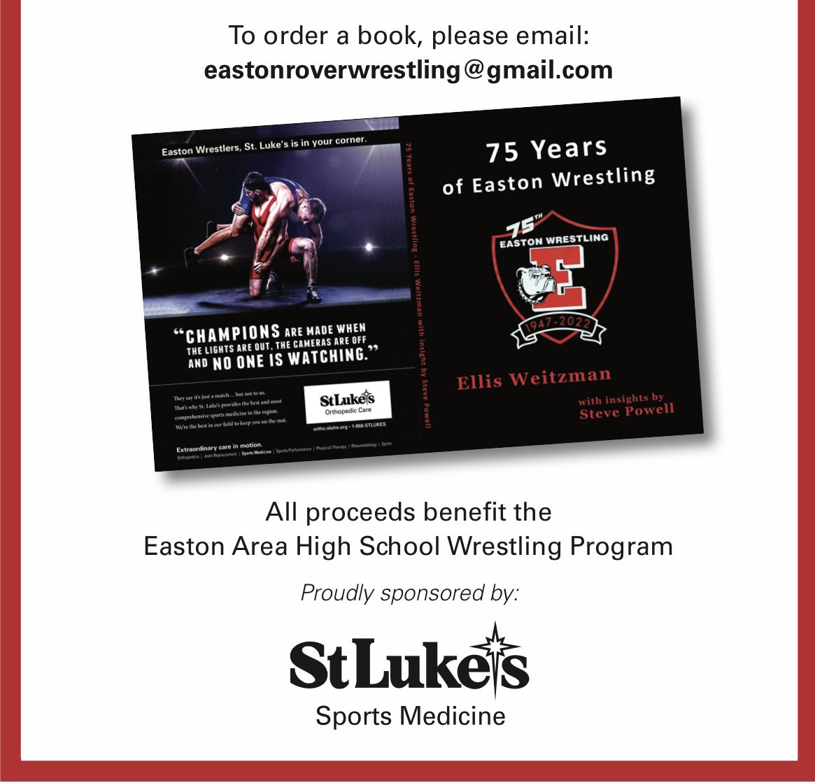 BoysEaston's tweet image. How about a giveaway of our new book 75 Years of Easton Wrestling? Simple retweet this tweet for your chance to win!

Winner announced at on New Year’s Day. Preorders available now.