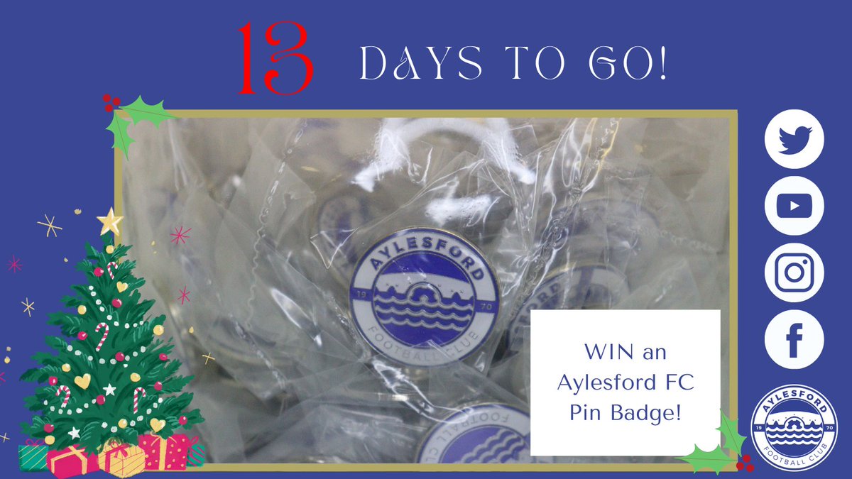 1️⃣3️⃣ days until Christmas! 

To win an Aylesford FC Pin Badge...
- Retweet this tweet 🔁
- Follow <a href="/aylesford_fc/">Aylesford Football Club</a> and <a href="/AylesfordLFC/">Aylesford FC (Ladies)</a>  👤
- Tag 2️⃣ friends in the comments below (must be following too!)

Good Luck! 🎄

#AylesfordFC #ChristmasCountdown

*Competition closes 19/12.*