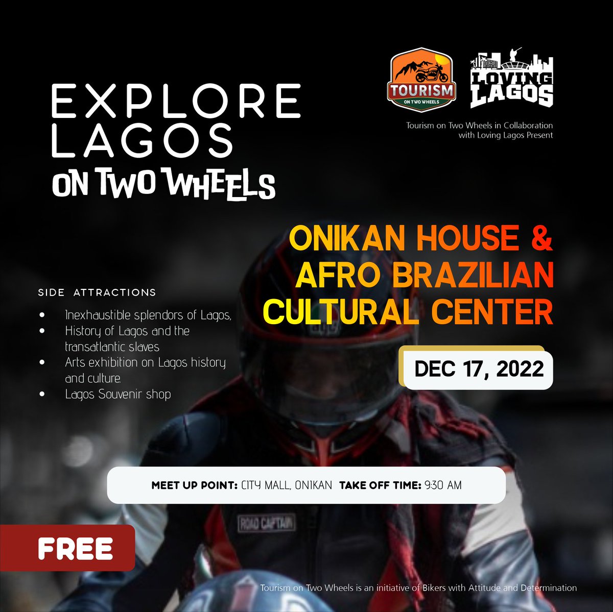 Badgang_ng's tweet photo. YOU ARE INVITED

Join us on Saturday, 17th of Dec. As we Explore Lagos in a different way... on two wheels

Tourismon2wheels in Collaboration with LovingLagos will be hosting bikers at two of their tourist sites in Lagos... Onikan House and Afro-Brazillian Cultural Center https://t.co/pvlzFH6zJD