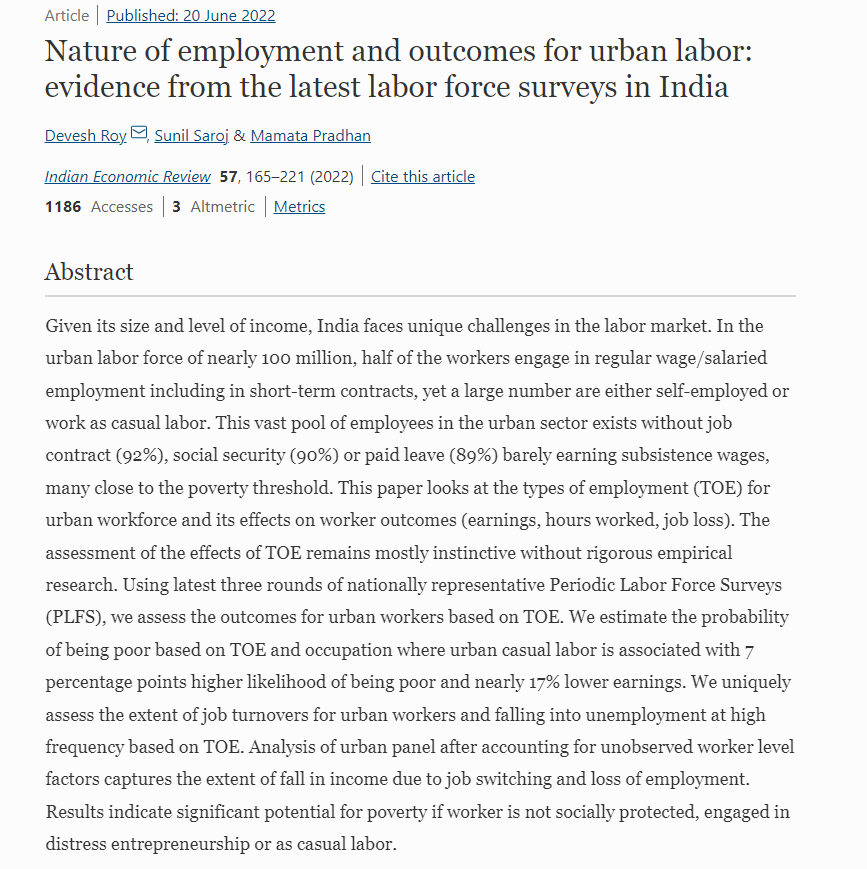 📢Free Access to #IndianEconomicReview article by D. Roy, S. Saroj (<a href="/sunilsaroj/">Sunil Saroj</a>) &amp; M. Pradhan (<a href="/IFPRI/">IFPRI</a>) for a limited time. This paper looks at the types of employment for urban workforce and its effects on worker outcomes. Link: link.springer.com/article/10.100…
#WorkerOutcomes #Employment