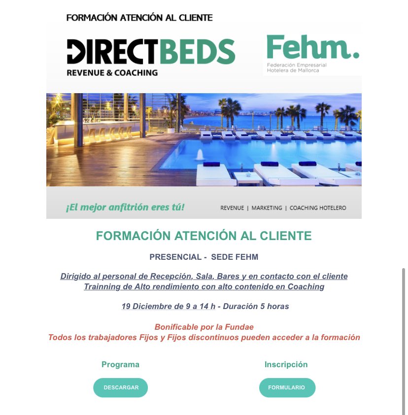 Aún quedan plazas disponibles para el siguiente curso en 🤝 <a href="/Directbeds1/">Directbeds</a> esta previsto para el 19/DIC sobre ATENCIÓN AL CLIENTE

Accede en tu zona privada de asociado <a href="/fehmallorca/">FEHM</a> e infórmate. 

Estos cursos solo para asociados #FEHM son bonificables por la Fundae