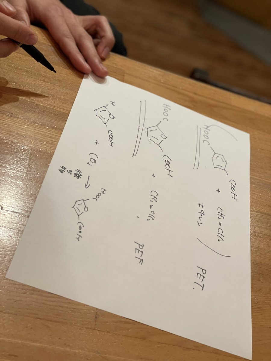 フィッシャーマンジャパンの若者とサステナビリティの話してたら急に「書きましょうか」と、こんなの書きだしてガリレオかと思った。

化石燃料じゃないものから微生物を使ってペットボトルをつくれるか、という研究をしていたらしい。惜しかったらしい。