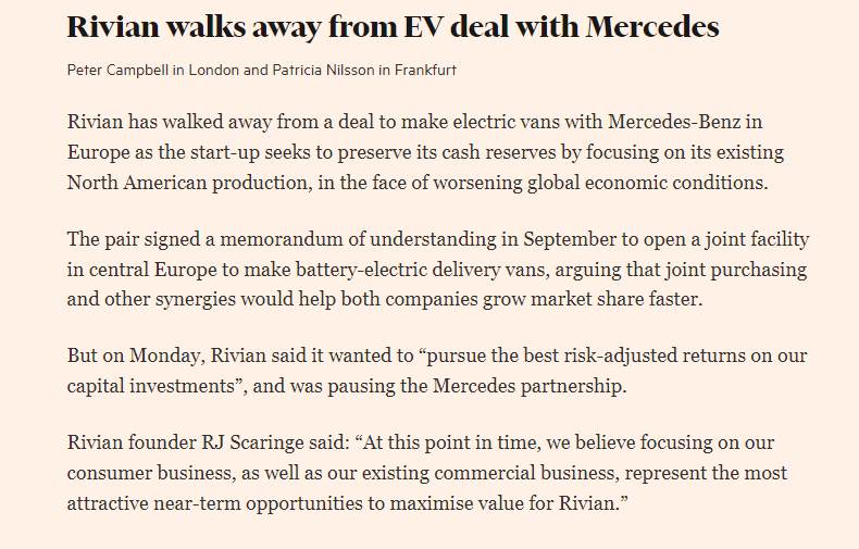 Peter Campbell (@petercampbell1) on Twitter photo Big surprise: Rivian pauses its deal to make EV vans with Mercedes in Europe.
Startup wants to preserve its cash pile as conditions worsen.
#makingcarsishard
First details with <a href="/patricianilsson/">Patricia Nilsson</a> here: ft.com/content/ea197d… Big surprise: Rivian pauses its deal to make EV vans with Mercedes in Europe.
Startup wants to preserve its cash pile as conditions worsen.
#makingcarsishard
First details with <a href="/patricianilsson/">Patricia Nilsson</a> here: ft.com/content/ea197d…