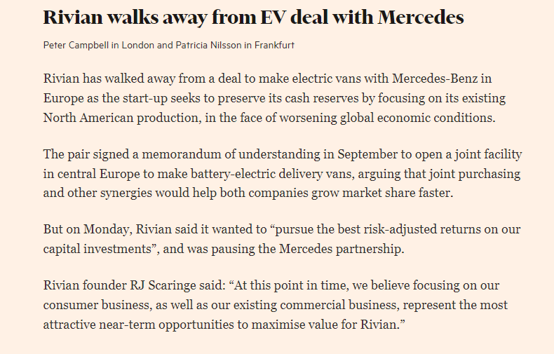 Big surprise: Rivian pauses its deal to make EV vans with Mercedes in Europe. Startup wants to preserve its cash pile as conditions worsen. #makingcarsishard First details with @patricianilsson here: ft.com/content/ea197d…