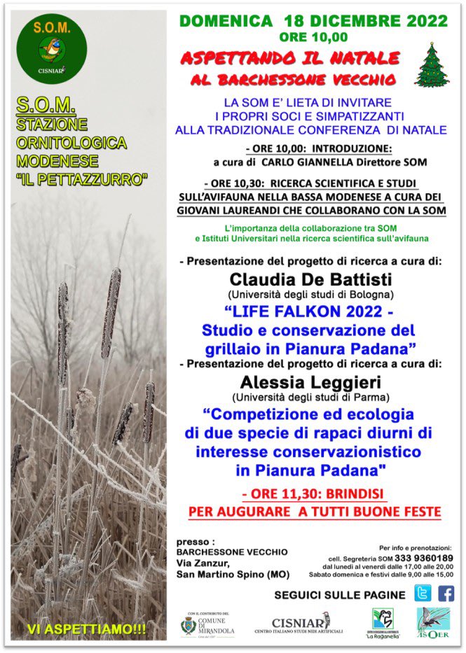 SCisniar's tweet photo. Carissimi amici della Som è con immenso piacere che vi invitiamo alla conferenza di Natale in cui,diamo spazio ai giovani laureandi/dottorandi che collaborano con la nostra Associazione.
Domenica 18 Dicembre 2022 alle ore 10,00, al Barchessone Vecchio di San Martino Spino (MO). https://t.co/TzUQa7w52Q