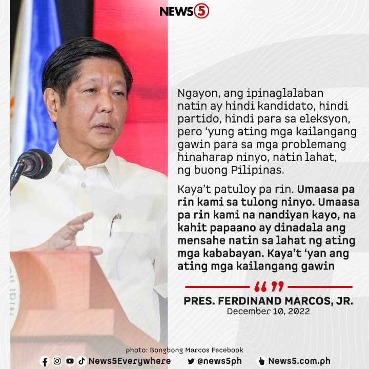 News5PH's tweet photo. Sa pagpupulong nila sa Palasyo, nanawagan si Pres. Bongbong Marcos sa kaniyang masigasig na mga tagasuporta noong eleksyon na ituloy ang kanilang pag-back up hindi lang sa kaniya kundi sa buong bansa lalo na ngayong mas malaki na ang hamon na kinahaharap. #News5 https://t.co/xqN0AbkkUP