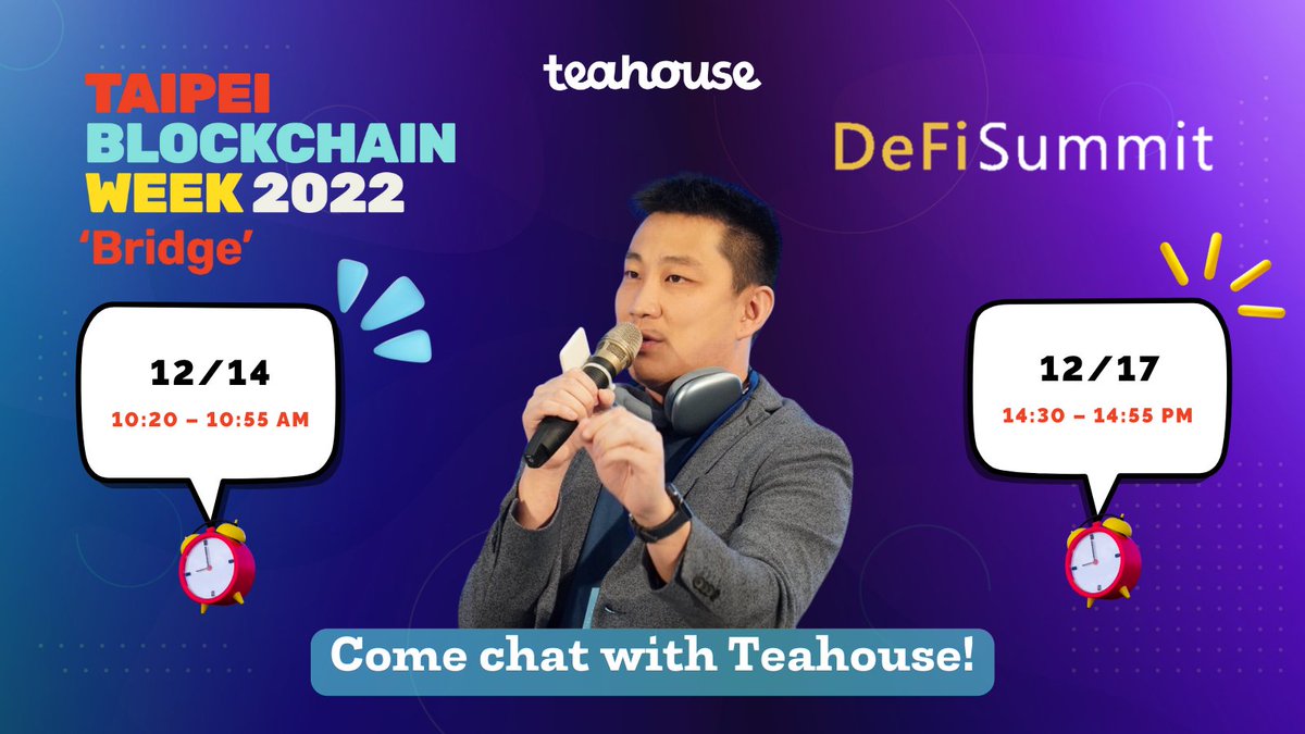 Teahouse Finance (@teahousefinance) on Twitter photo Teahouse founder & CEO <a href="/fenixhsu/">fenixhsu.eth / Teahouse</a> will be speaking about DeFi at <a href="/buzhidao_tw/">Bu Zhi DAO (🧋,🧋)</a> and #DeFiSummit this week:
🚩 12/14 10:20-10:55 AM
🚩DeFi Summit: 12/17 14:30-14:55 PM
You are cordially invited to join the festivities. 🧧
Come meet us and chat with Teahouse!🙌
#TBW2022 Teahouse founder & CEO <a href="/fenixhsu/">fenixhsu.eth / Teahouse</a> will be speaking about DeFi at <a href="/buzhidao_tw/">Bu Zhi DAO (🧋,🧋)</a> and #DeFiSummit this week:
🚩 12/14 10:20-10:55 AM
🚩DeFi Summit: 12/17 14:30-14:55 PM
You are cordially invited to join the festivities. 🧧
Come meet us and chat with Teahouse!🙌
#TBW2022
