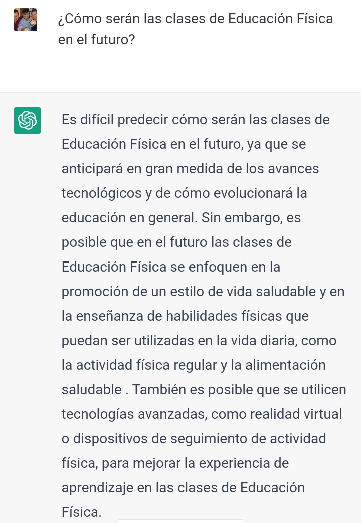 Symonboss's tweet photo. Sobre el futuro de la Educación Física según el Chat GPT de Open AI....
#edufis #iA #chatgpt3 #ChatGTP https://t.co/MRLuqnDZ4w