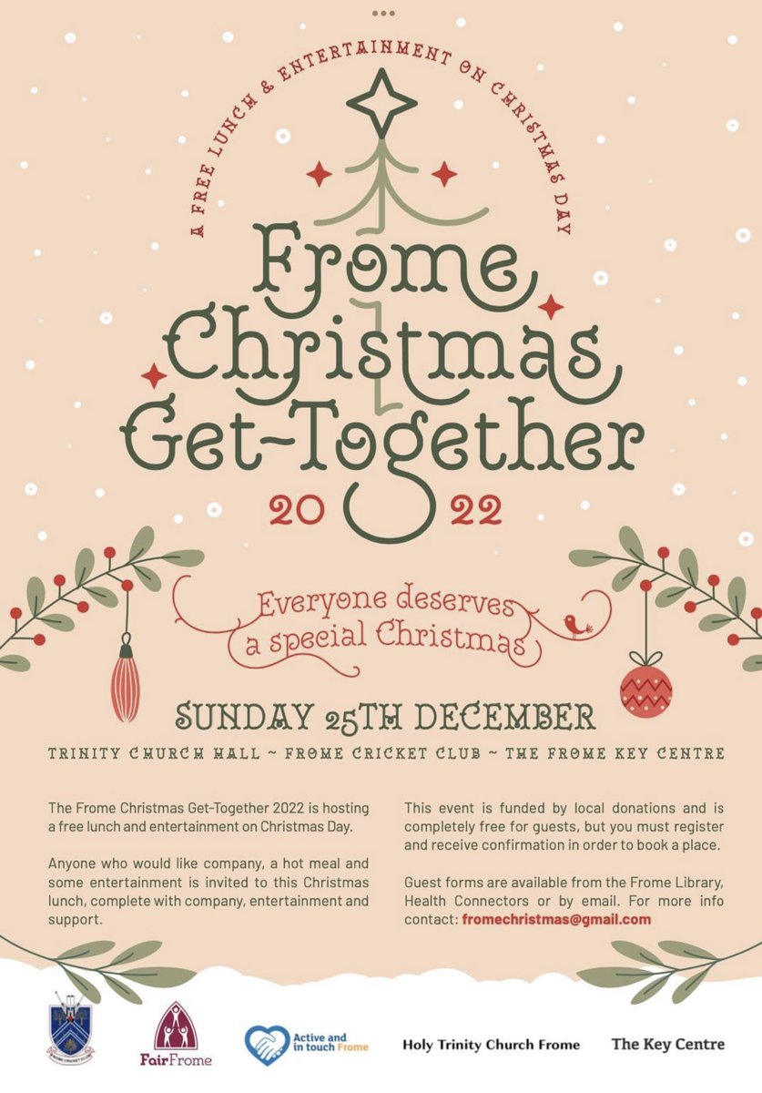 Frome Christmas (@fromechristmas) on Twitter photo There are still spaces available at our 3 #Frome events on Christmas Day. If you are in need of company, warmth, food & support you can sign up for a guest space at the Library or if you know of someone who would like to come along to the event pls email fromechristmas@gmail.com There are still spaces available at our 3 #Frome events on Christmas Day. If you are in need of company, warmth, food & support you can sign up for a guest space at the Library or if you know of someone who would like to come along to the event pls email fromechristmas@gmail.com
