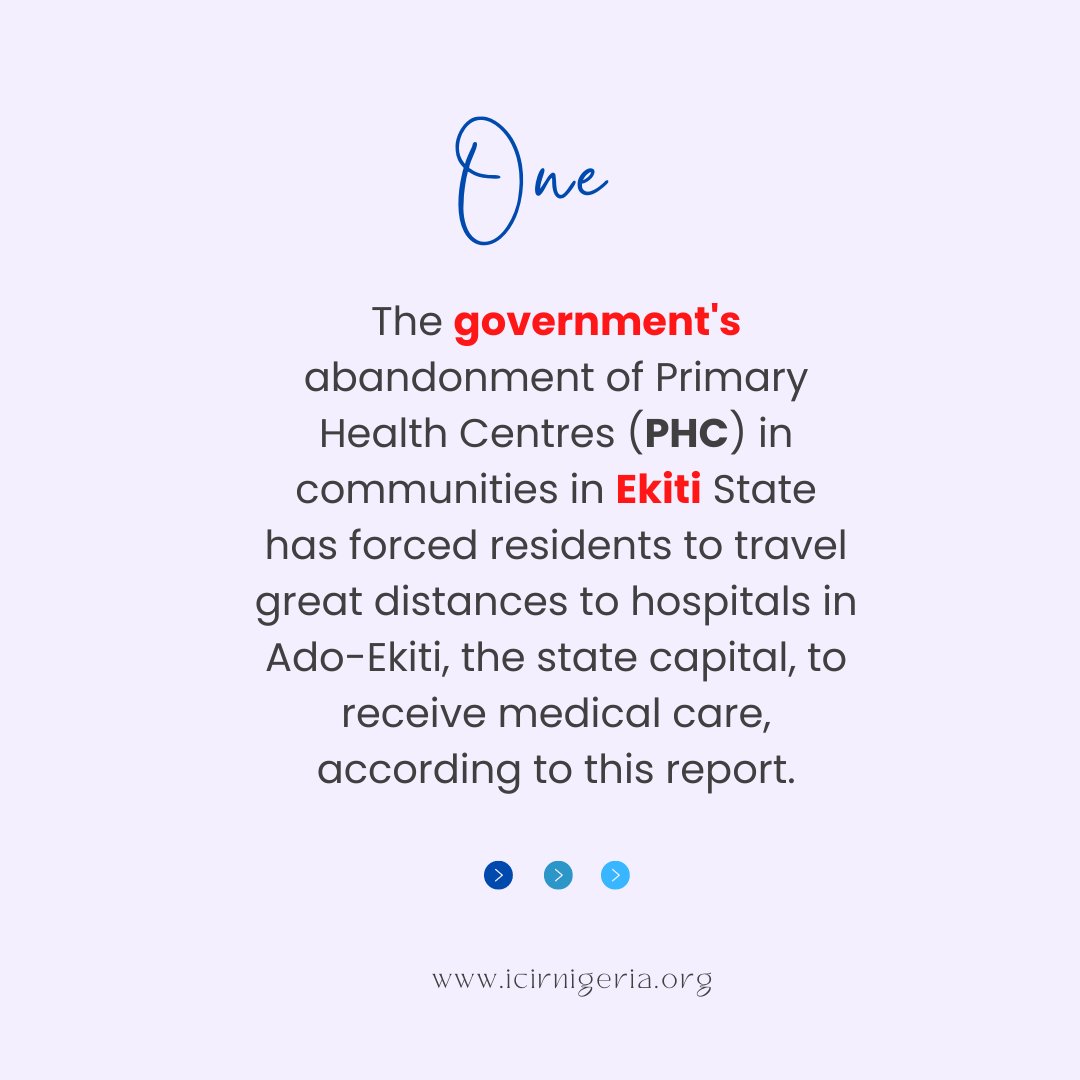 TheICIR's tweet photo. This report examines how in @ekitistate, government abandonment of Primary Health Centres (#PHC) in communities has led residents to take long journeys to hospitals in Ado-Ekiti, to receive medical care.

Read the detailed report👉https://t.co/ZtrkZuumCG

#PHC #fixmyphc #Ekiti https://t.co/wkMfIYpYIg