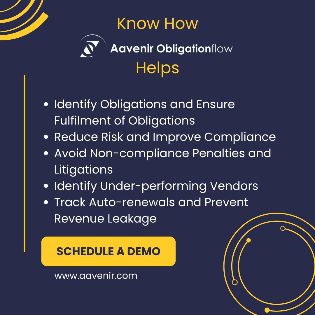 Are you experiencing revenue leakage due to unfulfilled #contractualobligations? Identify low ROI signals, minimize contract value erosion & unlock the true value of contracts with #AavenirObligationflow.  bit.ly/3WrfldN  #AI #CLM #MetadataExtraction #LegalTech #LegalOps