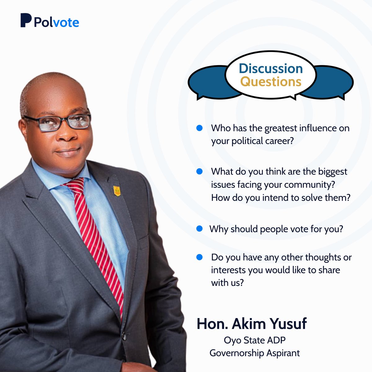 PolvoteOfficial's tweet photo. Here are the various questions we asked our guest speaker, Honourable Akim Yusuf during the course of the webinar.

You can Listen to the webinar recording via the link below👇
https://t.co/takEELCwYu

#PoliticalChat #Webinar #NigerianPolitics #Nigeria #Polvote https://t.co/FYvmhDIfN4