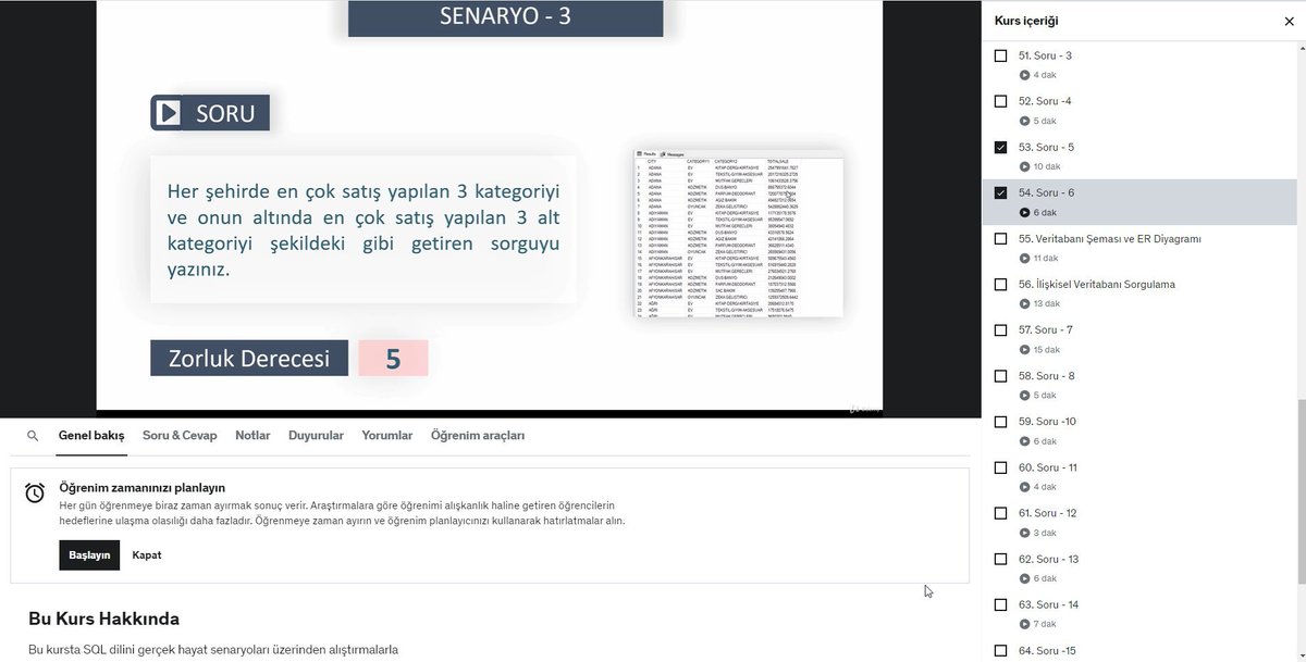 SQL dilini biliyorsunuz ama pekiştirmek istiyorsunuz. İçinde 5 farklı senaryo, veriseti ve 80 çözümlü soru ile oluşturduğum Alıştırmalarla SQL Öğreniyorum kursuna mutlaka bakmalısınız. 
Üstelik 4 gün için en düşük fiyat olan 49.99 TL🎁🎖️
Örneklere gözatın.
udemy.com/course/alistir…