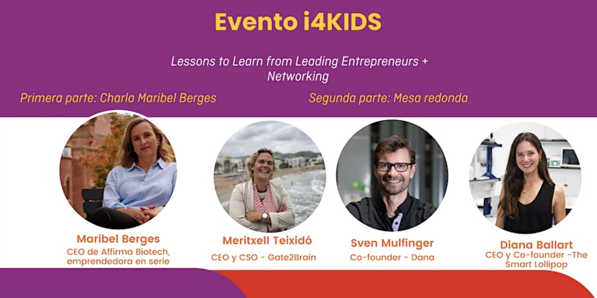 📢@i4kids_Hub Closure Event 'Lessons to Learn from Leading #Entrepreneurs & Networking'

🗣️With #IRBalumni @TeixidoTura (@Gate2Brain),
Maribel Berges (Affirma Biotech), @svenmulfinger (Dana), @DianaBallart (The Smart Lollipop).

📆Tue 13 Dec
🕓16 h CET

➡️bit.ly/3uyUtVY