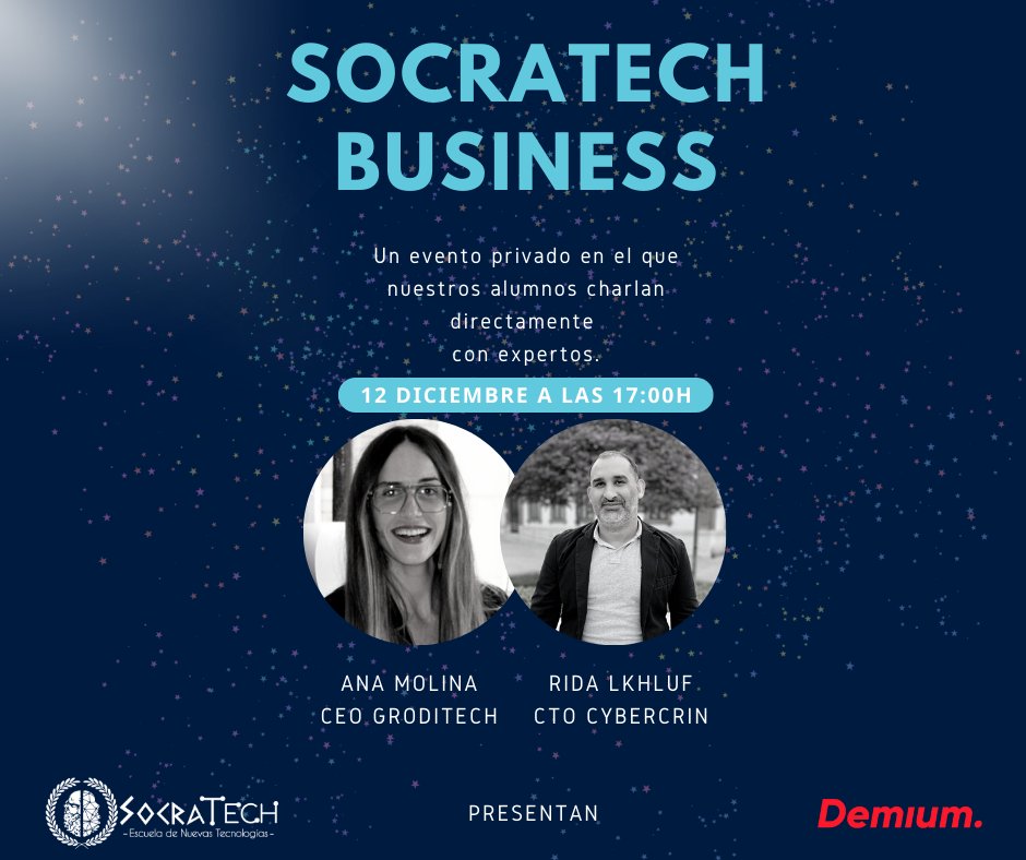 Mission_Fund's tweet photo. 🤝 Colaboramos con @socratech_ para organizar hoy el "Socratech Business". En este evento con profesionales del sector, los alumnos podrán conocer la experiencia emprendedora de Rida (Cybercrin) y Ana (Groditech, del portfolio de #Demium Capital) 🚀 https://t.co/zC9qNQIlLx