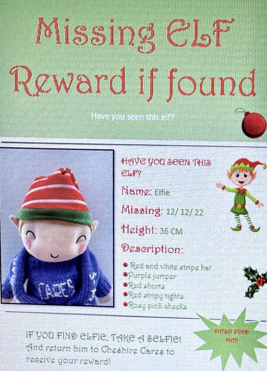Is the Naughty Elf coming to an office near you?

If you find the elf please take a festive picture of him with your team and then return him to the Cheshire CARES office for a small reward 🎄❄️⛄️

<a href="/CheshirePCC/">Police and Crime Commissioner for Cheshire</a> 
<a href="/cheshirepolice/">Cheshire Police</a>