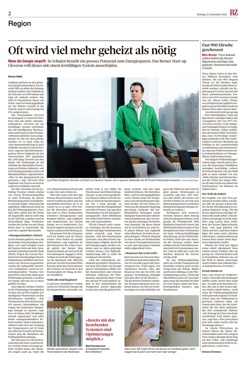 Frisch ab Presse📰! Heute gibt's eine ganze Seite CLEVERON in der Berner Zeitung und dem Bund zu lesen.
Happy Wochenstart☕!
#Newspaper #Energieeffizienz #Heizen #Energiesparen #Ostermundigen