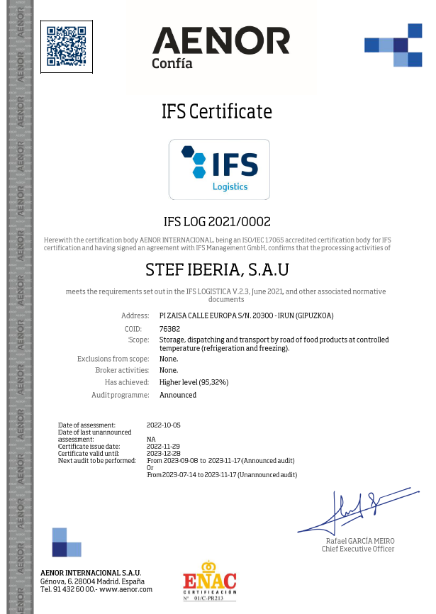 STEF Irun renueva su certificación IFS con nota “Higher Level” 📝 en el ámbito del almacenamiento, expedición y transporte por carretera de productos alimentarios a temperatura controlada ❄️(#refrigeración y #congelación).

¡Enhorabuena a todo el equipo!