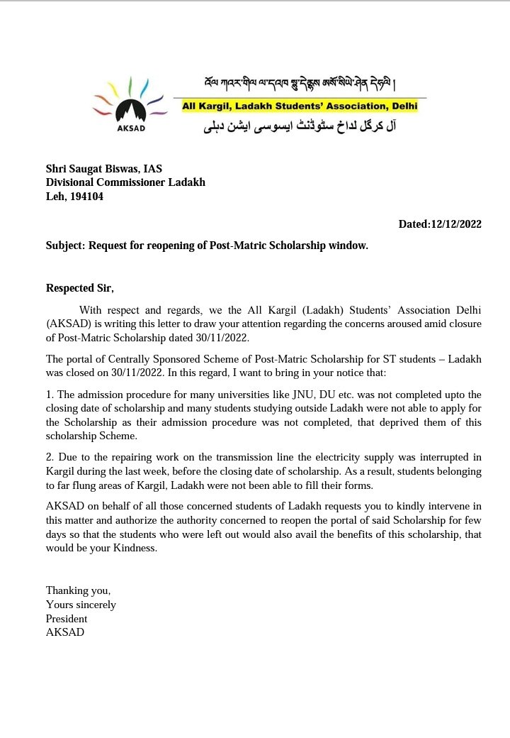 Aksad4u's tweet photo. A letter to @DvCom_Secretary Ladakh requesting him to reopen the Post-Matric Scholarship window for some days as many students haven been left out from the Scholarship amid various factors. 
The said issue must be resolved ASAP.
@lg_ladakh 
@LadakhSecretary 
@DvCom_Secretary 
1/2 https://t.co/YDxMwA120A