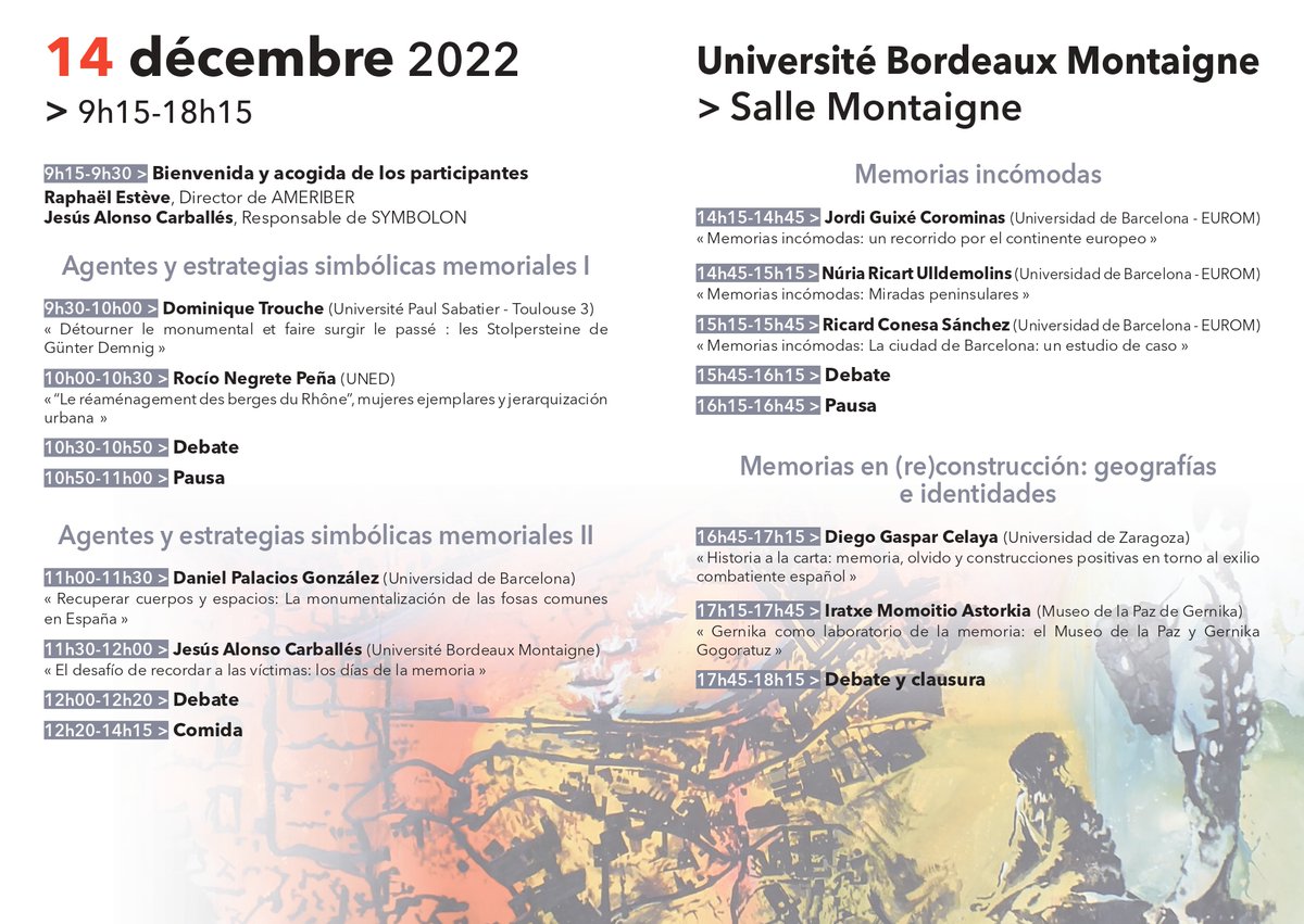 MujeresExilio's tweet photo. Este miércoles tenemos jornada de estudios en la Université Bordeaux Montaigne sobre "Políticas simbólicas memoriales recientes: entre lo local y lo transnacional".
Formato híbrido y presencial (MD) https://t.co/lLQc99RFBl