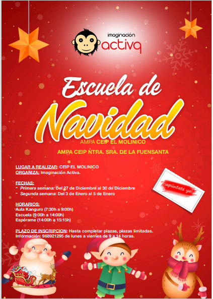 AMPA_Elmolinico's tweet photo. Bdías! Ya podéis inscribir a vuestros hijos e hijas en la escuela de navidad 🙂 https://t.co/0M80iKeLqE