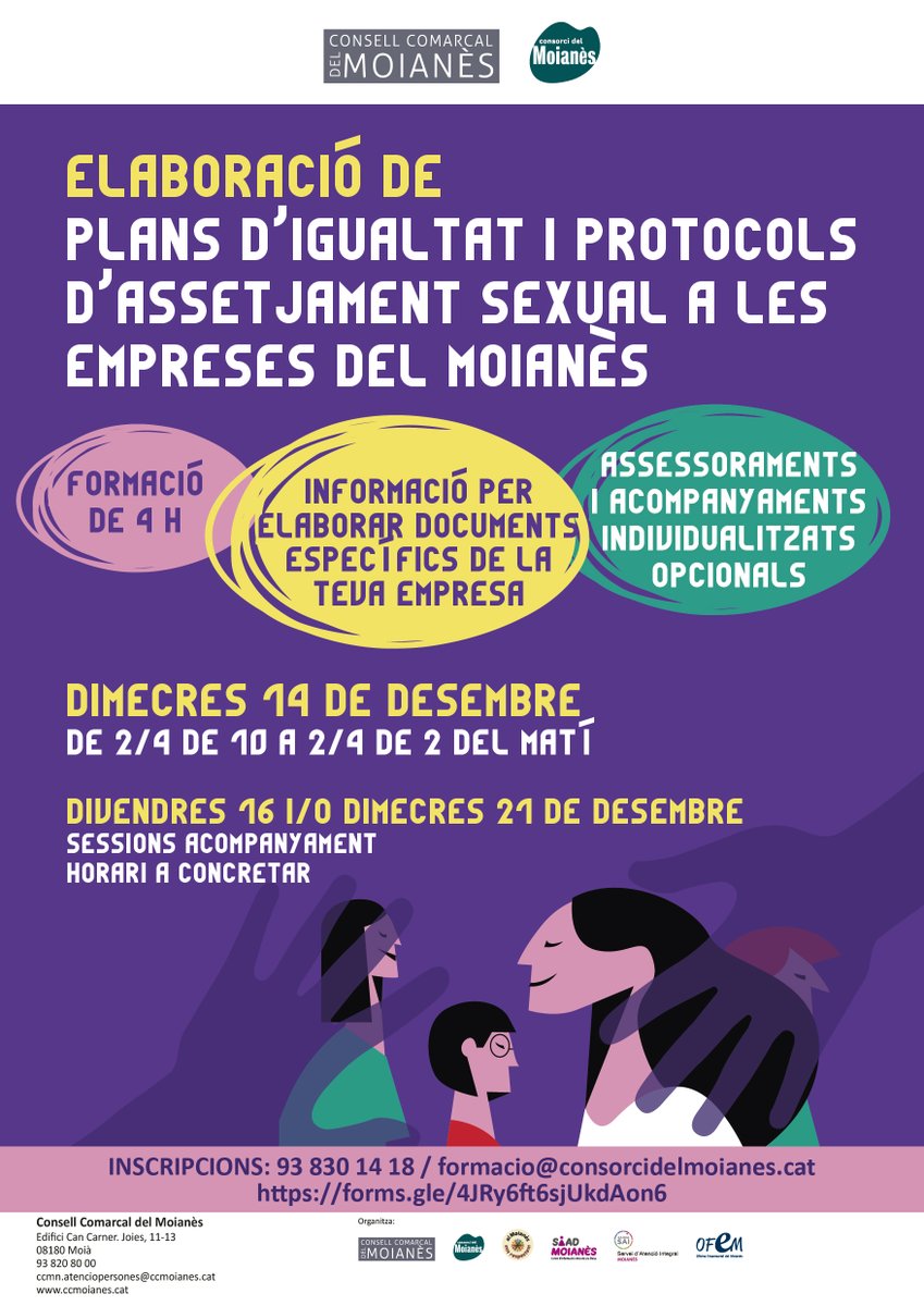 comarcamoianes's tweet photo. ELABORACIÓ DE PLANS D'IGUALTAT I PROTOCOLS D'ASSETJAMENT SEXUAL A LES EMPRESES DEL MOIANÈS
Elaboració dels documents i assessoraments i acompanyaments individualitzats opcionals
🗓️#14des
🕒de 2/4 de 10 a 2/4 de 2 matí
📍Can Carner #Moià
Inscripcions a 👉https://t.co/WN80cvGzqT https://t.co/XBVw03XNzw