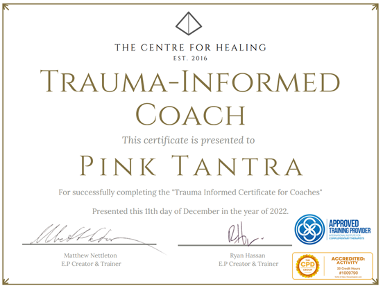 PinkTantra's tweet photo. Just completed #Trauma informed #coach certificate through Centre for Healing. Brilliant course. #traumainformedcoach #embodiedcoaching #Mindfulness #tantra #gaytantra #man2man #menwholovemen https://t.co/XdjMjjkbcE
