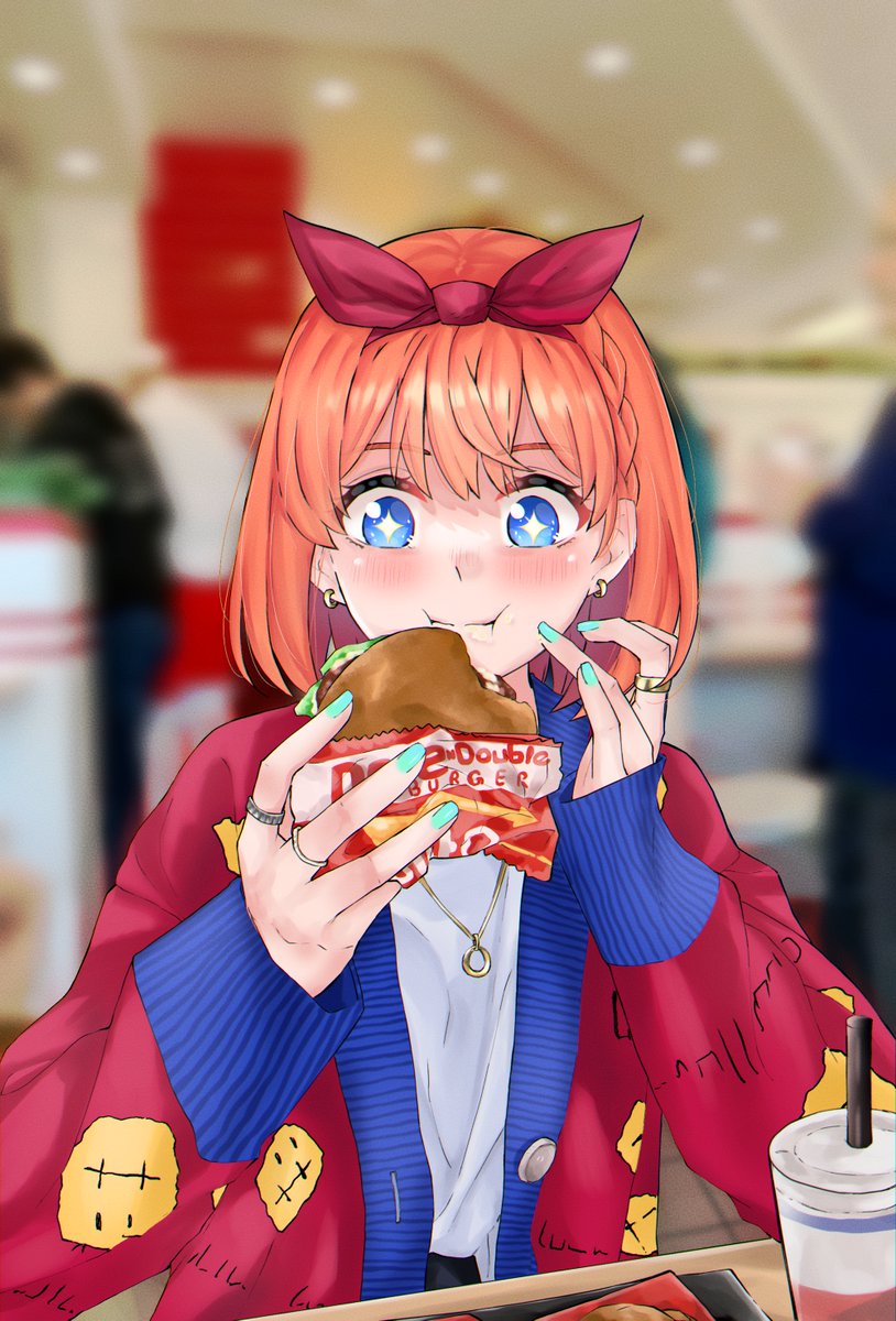 nakano yotsuba food jewelry 1girl burger blue eyes eating orange hair  illustration images