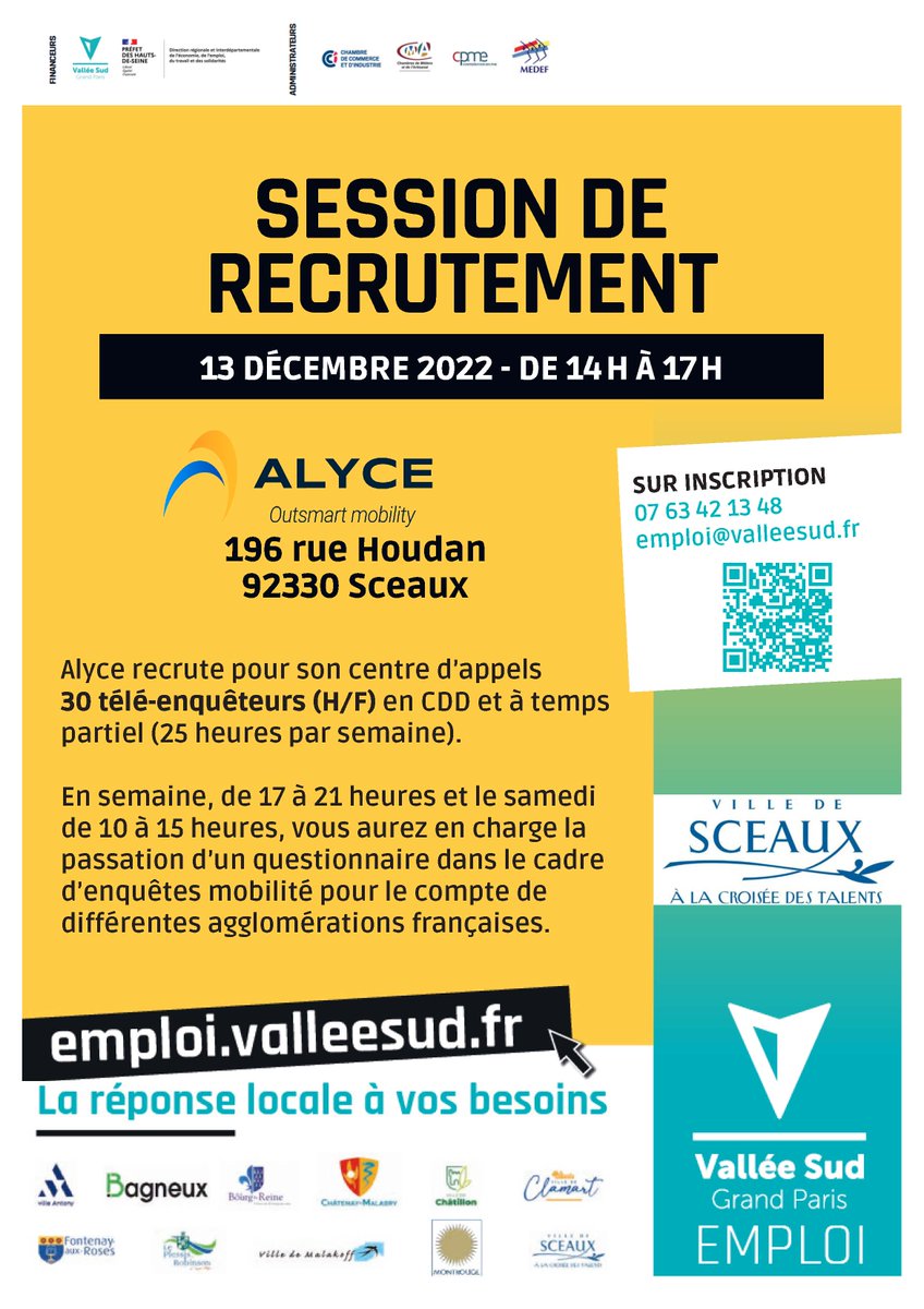 Vallée Sud - Grand Paris (@vallee_sud) on Twitter photo Vous recherchez un emploi ? <a href="/ValleeSudEmploi/">Vallée Sud Emploi</a> en partenariat avec <a href="/Alyce_Mobility/">ALYCE</a> organise une session de recrutement demain de 14h à 17h pour occuper des postes de télé-enquêteurs. + Infos & inscription : bit.ly/3F7AUZG <a href="/Ville_de_Sceaux/">Ville de Sceaux</a> Vous recherchez un emploi ? <a href="/ValleeSudEmploi/">Vallée Sud Emploi</a> en partenariat avec <a href="/Alyce_Mobility/">ALYCE</a> organise une session de recrutement demain de 14h à 17h pour occuper des postes de télé-enquêteurs. + Infos & inscription : bit.ly/3F7AUZG <a href="/Ville_de_Sceaux/">Ville de Sceaux</a>