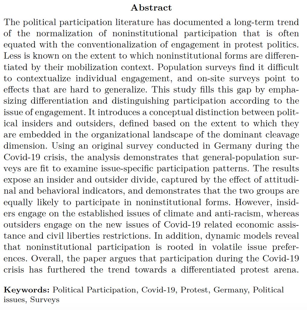 Endre Borbáth (@eborbath) on Twitter photo 🚨 I am happy to share that my paper "Differentiation in Protest Politics - Participation by Political Insiders and Outsiders" has been accepted by <a href="/PolBehavior/">Political Behavior</a> ✨
It's been a long process, but I am proud of the article 👉 endre-borbath.eu/assets/pdf/Bor…
Summary thread🧵👇 🚨 I am happy to share that my paper "Differentiation in Protest Politics - Participation by Political Insiders and Outsiders" has been accepted by <a href="/PolBehavior/">Political Behavior</a> ✨
It's been a long process, but I am proud of the article 👉 endre-borbath.eu/assets/pdf/Bor…
Summary thread🧵👇